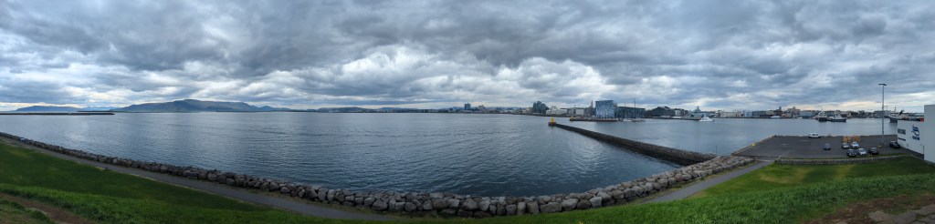 Panorama of the Reykjavik skyline from the top of Þúfa