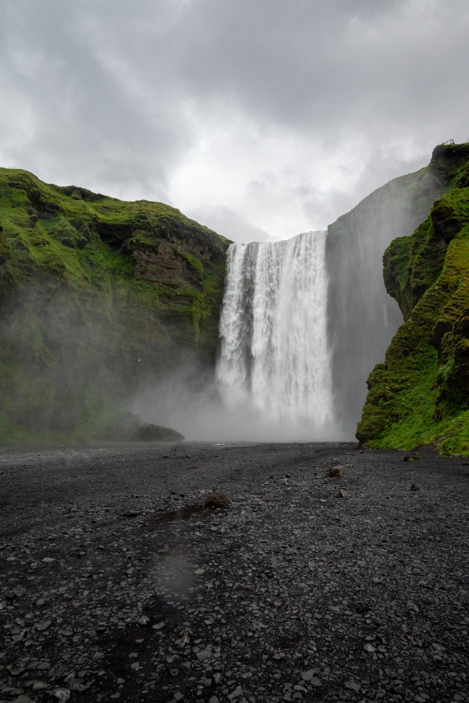 Skogafoss in Iceland on a cloudy day