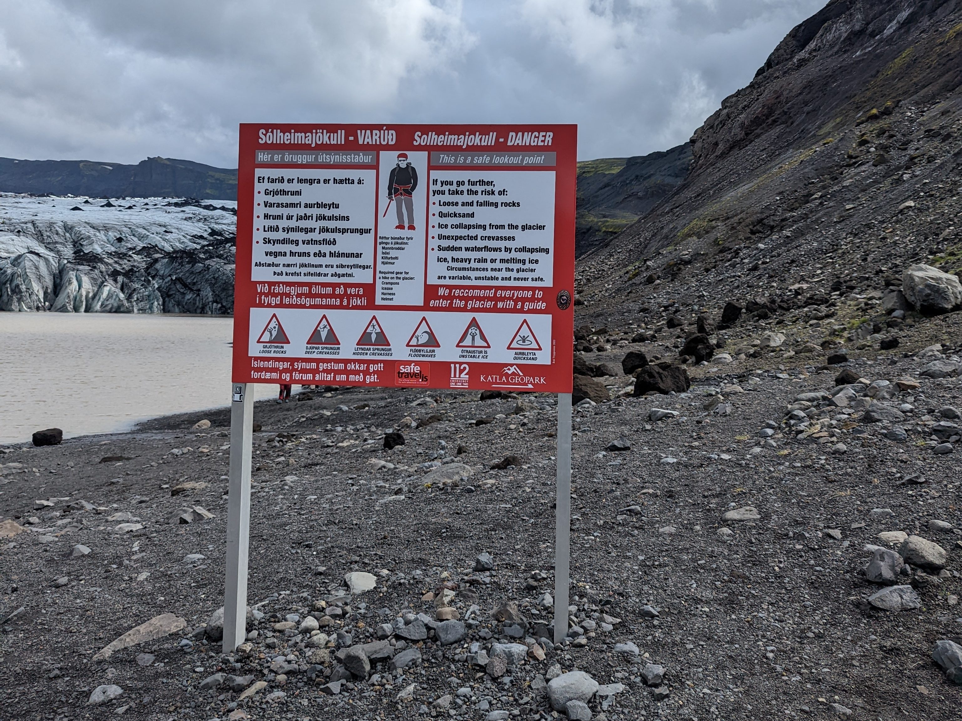 Warning sign at Sólheimajökull Glacier in Iceland