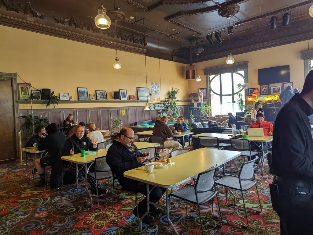 The common area/dining room of the Green Tortoise Hostel.